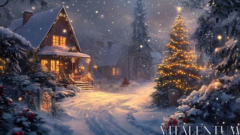 Snowlit cottage and glowing Christmas tree in hush of night.