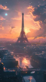 Dreamlit Eiffel Tower over glowing Parisian river dusk.