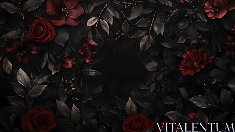 Dark floral composition with red roses against black background.