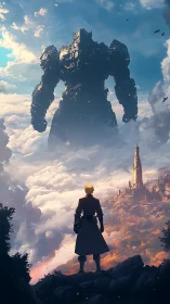 Lone hero confronting colossal mech above sky citadel.