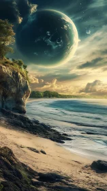 Colossal planet hanging above sunlit alien ocean coast