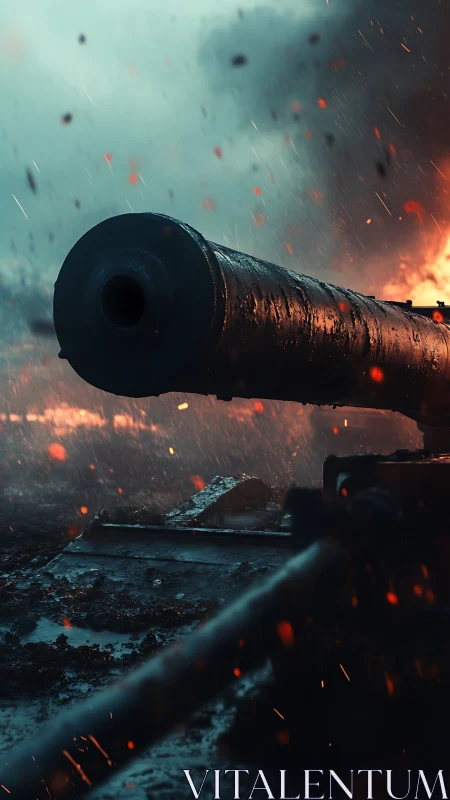 Cannon barrel directed forward amid environmental fire debris.