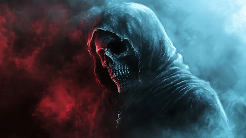 Grim reaper drifts through crimson and icy spectral mist.
