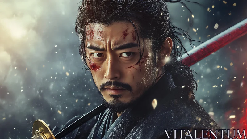 Battle-worn samurai warrior portrait in stormy light.