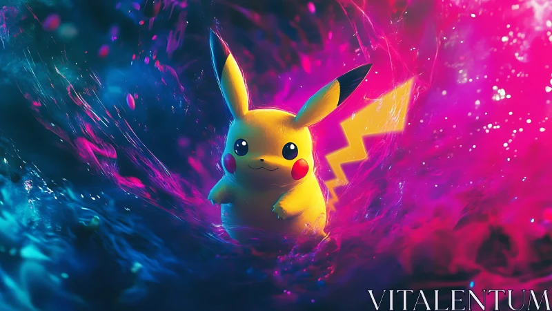 Pikachu stands amid neon electric splash of vivid colors