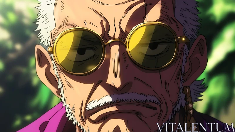 Wise anime mentor with golden glasses and quiet strength.