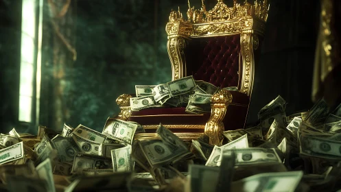 Golden throne of cash in a hazy dream of fortune.