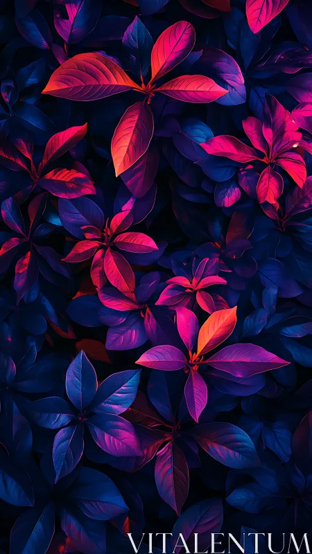 Neon-lit tropical leaves glow against deep indigo shadows