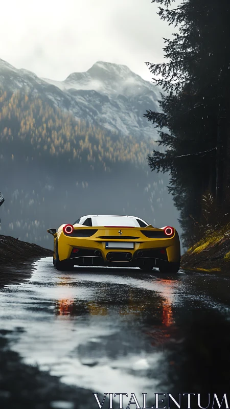 Yellow sports car on wet mountain road under cloudy sky.