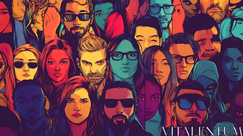Pop art mosaic of diverse urban portraits in bold gradients.