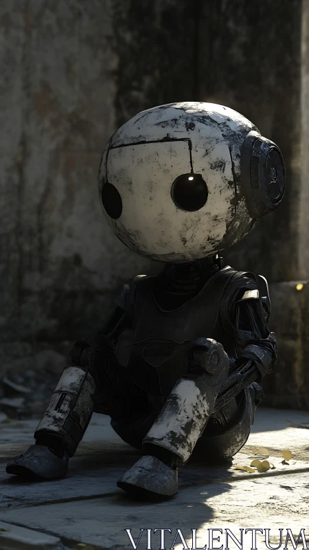 Lonely little robot sits quietly in a patch of sunlight