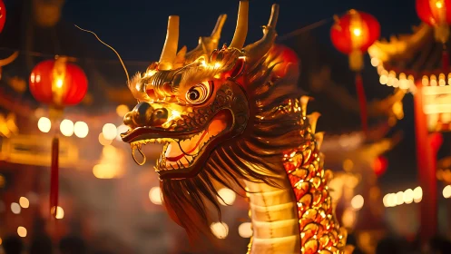 Photorealistic dragon lantern amid festive bokeh lighting.