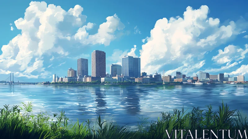 Riverside skyline under cumulus cloud field with reflective water surface