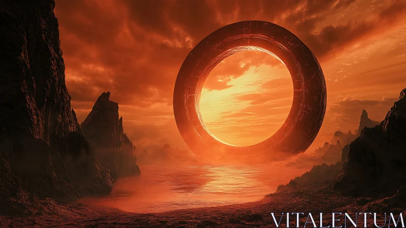 Circular structure aligns with sun over rocky, red terrain