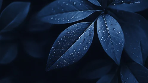 Midnight leaves hold silver raindrops in soft focus.