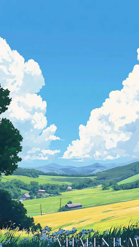 Aerated cumulus sky over agrarian valley in stylized sunlight.