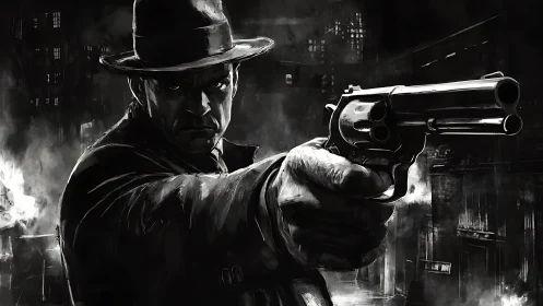 Grim noir gunslinger freezes the night in silver aim.