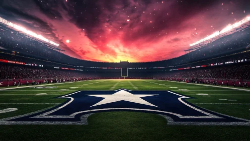 Floodlit football stadium field with central star logo at dusk