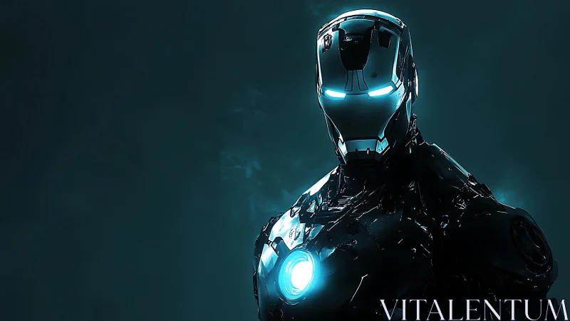 Futuristic armored robot with illuminated blue core.