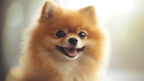 Photorealistic Pomeranian portrait with diffuse bokeh lighting.