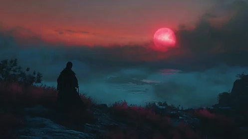 Crimson moonrise welcomes a lone wanderer above misty waters
