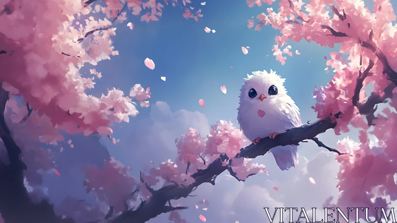 Cute White Owl on Cherry Blossom Branch in Dreamy Digital Art.