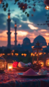 Golden lanterns glow over a peaceful sunset table scene