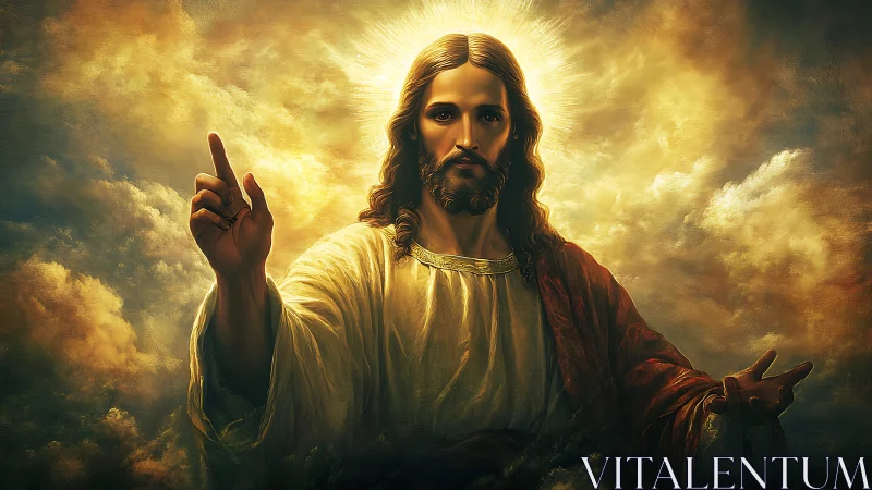 Radiant robed figure with aureole emerging from luminous clouds.