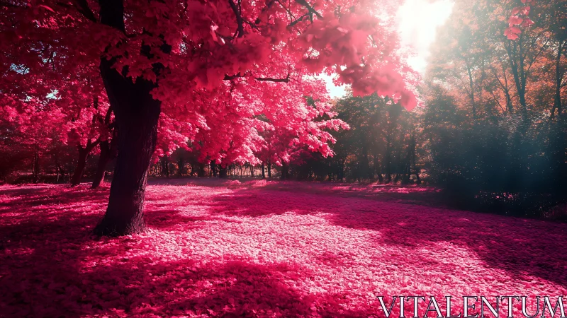Iridescent infrared forest bathed in surreal magenta light.