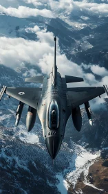 Stealth jet slicing snowy alpine clouds in frontal flight.