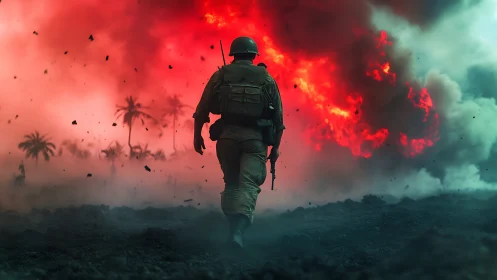 Soldier walking toward massive battlefield explosion scene.