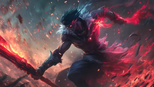 Warrior figure with flaming red weapon in dynamic motion.