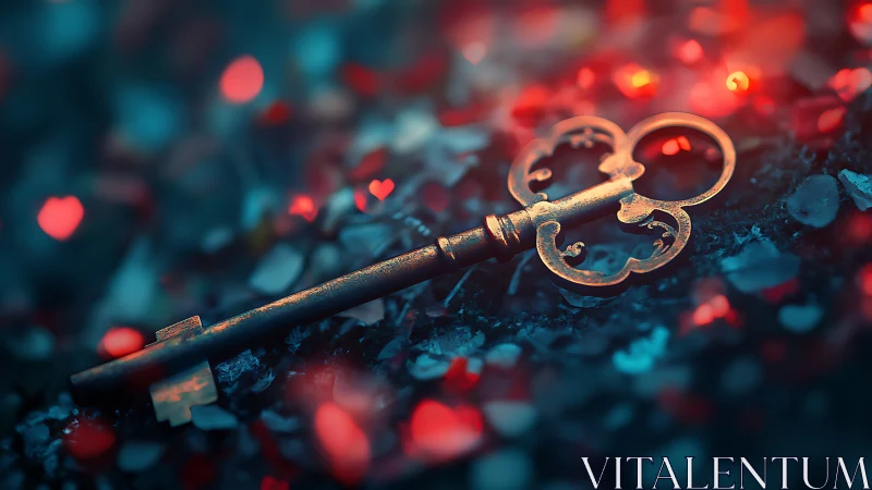 Ancient Golden Key Rests on Luminous Surface with Bokeh Lights