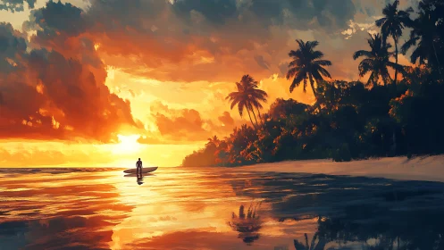 Surfer watches blazing tropical sunset over calm shoreline.