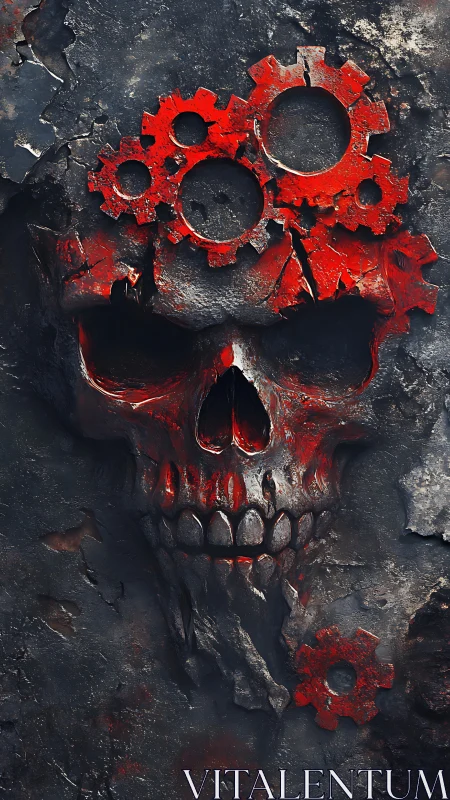 Mechanical crimson skull with fractured industrial gears.