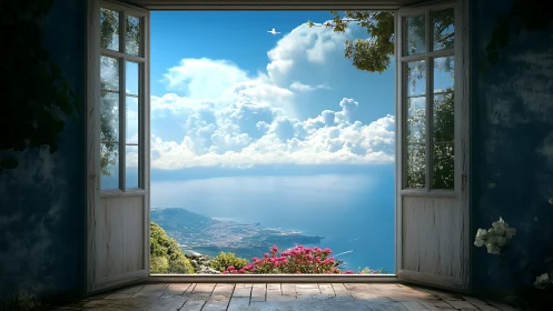 Open balcony doors reveal serene coastal sky and sea view
