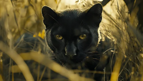 Melanistic Felid Portrait with Golden Iris Luminescence and Warm Backlighting