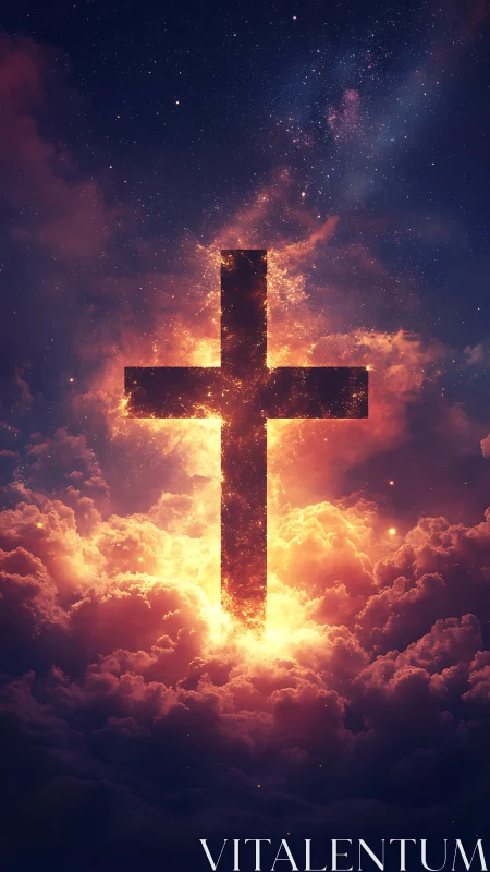 Blazing celestial cross rising through storm-lit heavens.