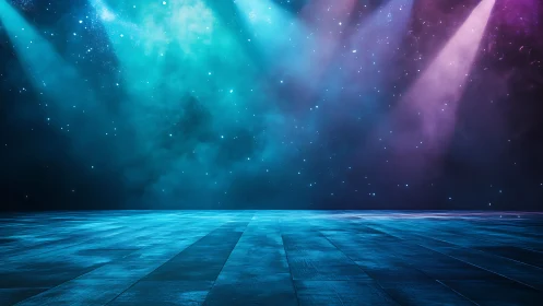 Empty stage under cyan and magenta spotlights forms cinematic space
