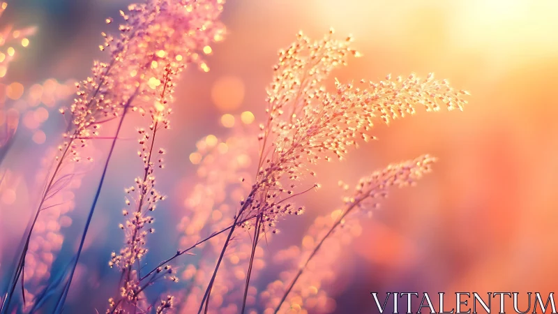Soft focus wild grasses in warm glowing sunset light.