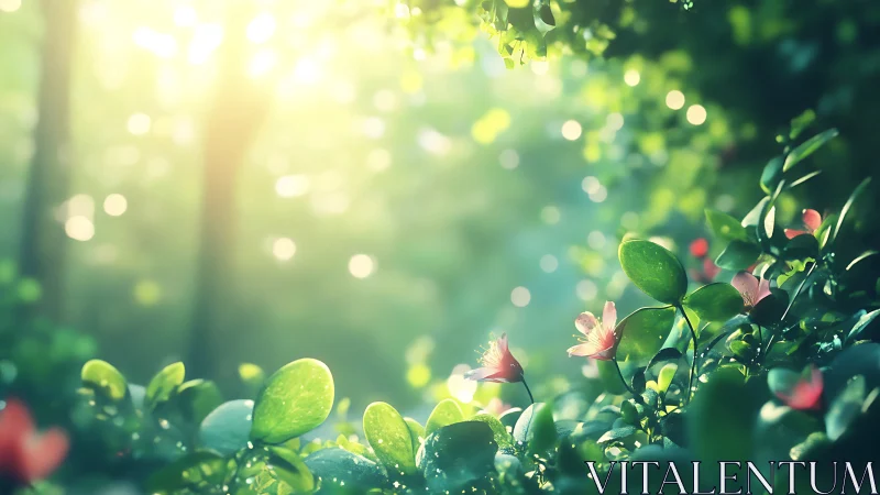 Morning light gently awakens a lush garden of dew-kissed leaves