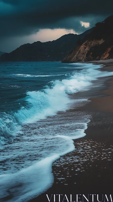 Moody twilight waves curling gently along a quiet shore.