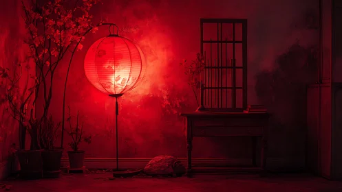 Lantern light quietly turns a worn corner into crimson theatre