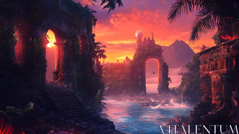 Moonlit jungle ruins cradle a blazing tropical gateway.