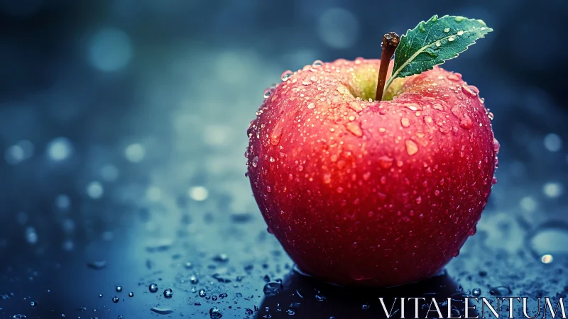 Red apple with water droplets on dark reflective surface.