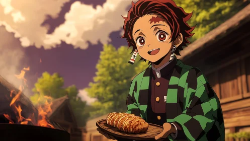 Smiling anime cook serves grilled bread by campfire glow.