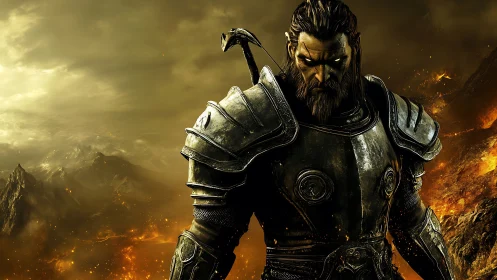 Armored warrior portrait in molten fantasy battlefield lighting.