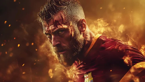 Male footballer in red kit amid stylised fire effects.