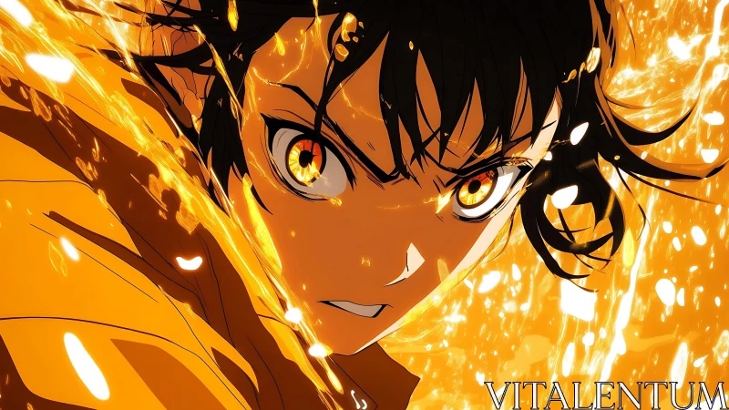 Fiery eyed anime fighter stares forward with explosive energy