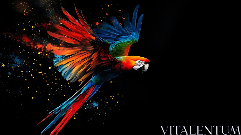 Vibrant Macaw in Flight, Digital Art Explosion on Black Background.